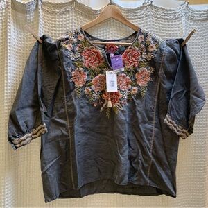 Johnny Was Multicolor Embroidered Linen Blouse